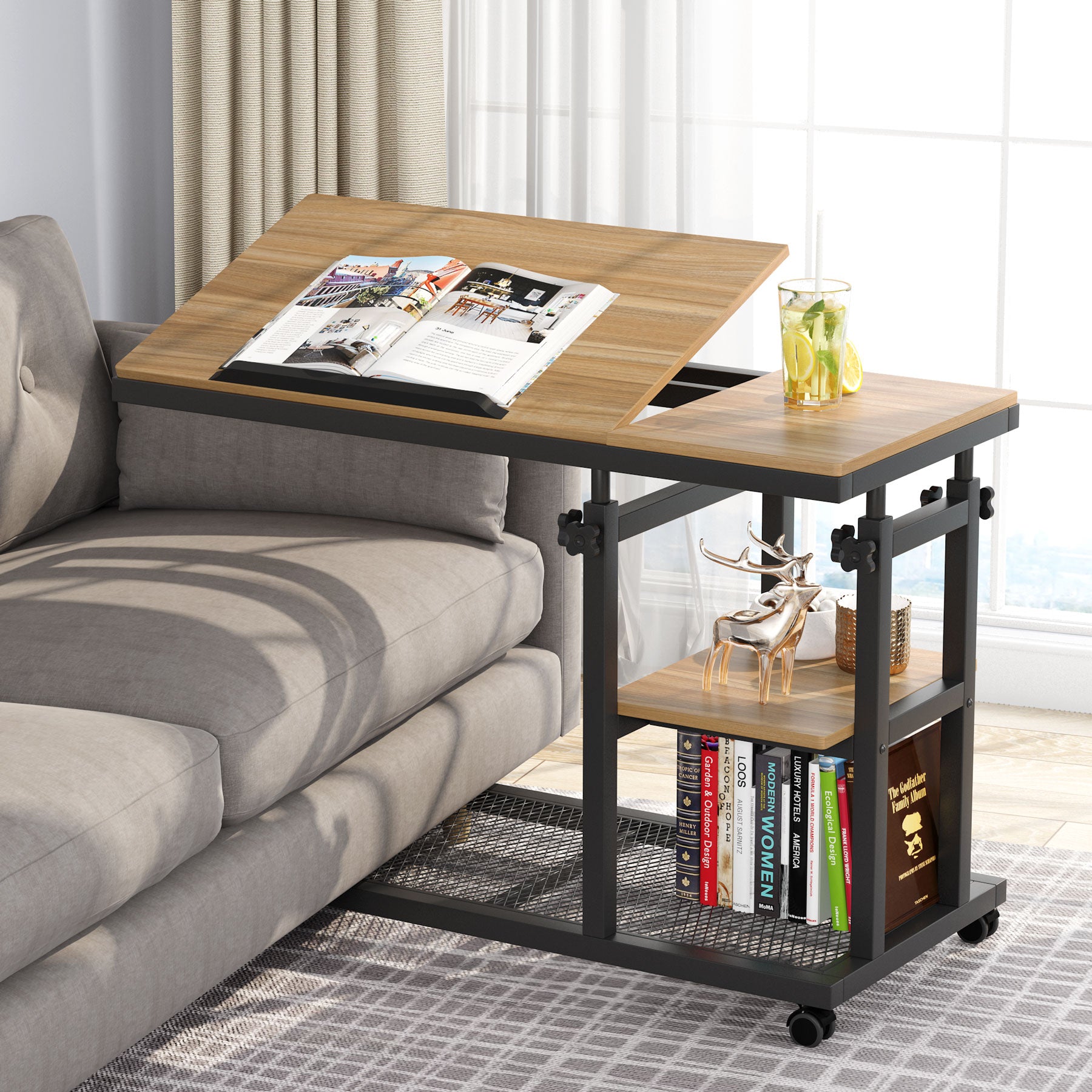 Height Adjustable C Side Table with Rolling Wheels